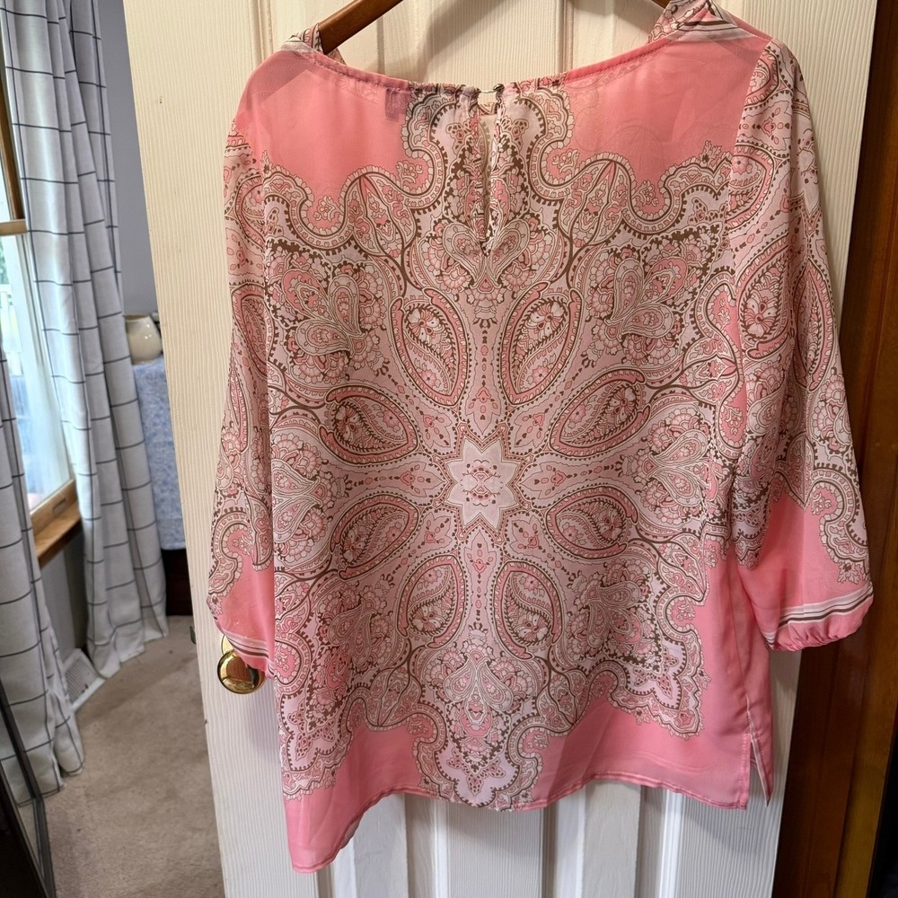 Joseph Ribkoff Sheer Pink Paisley Tunic Blouse Top 3/4 Sleeve Keyhole Size 12 - Picture 12 of 14